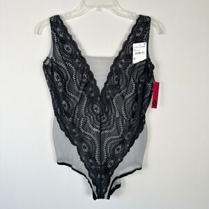 NWT Lace Sheer Teddy Bodysuit Lingerie Sexy Deep V Plunge Women XL Up All Night
